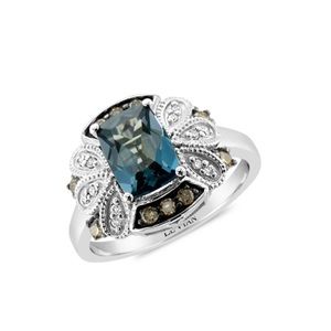 LeVian 14k White Gold, Sea Blue Topaz, Chocolate Diamond & Vanilla Diamond Ring.